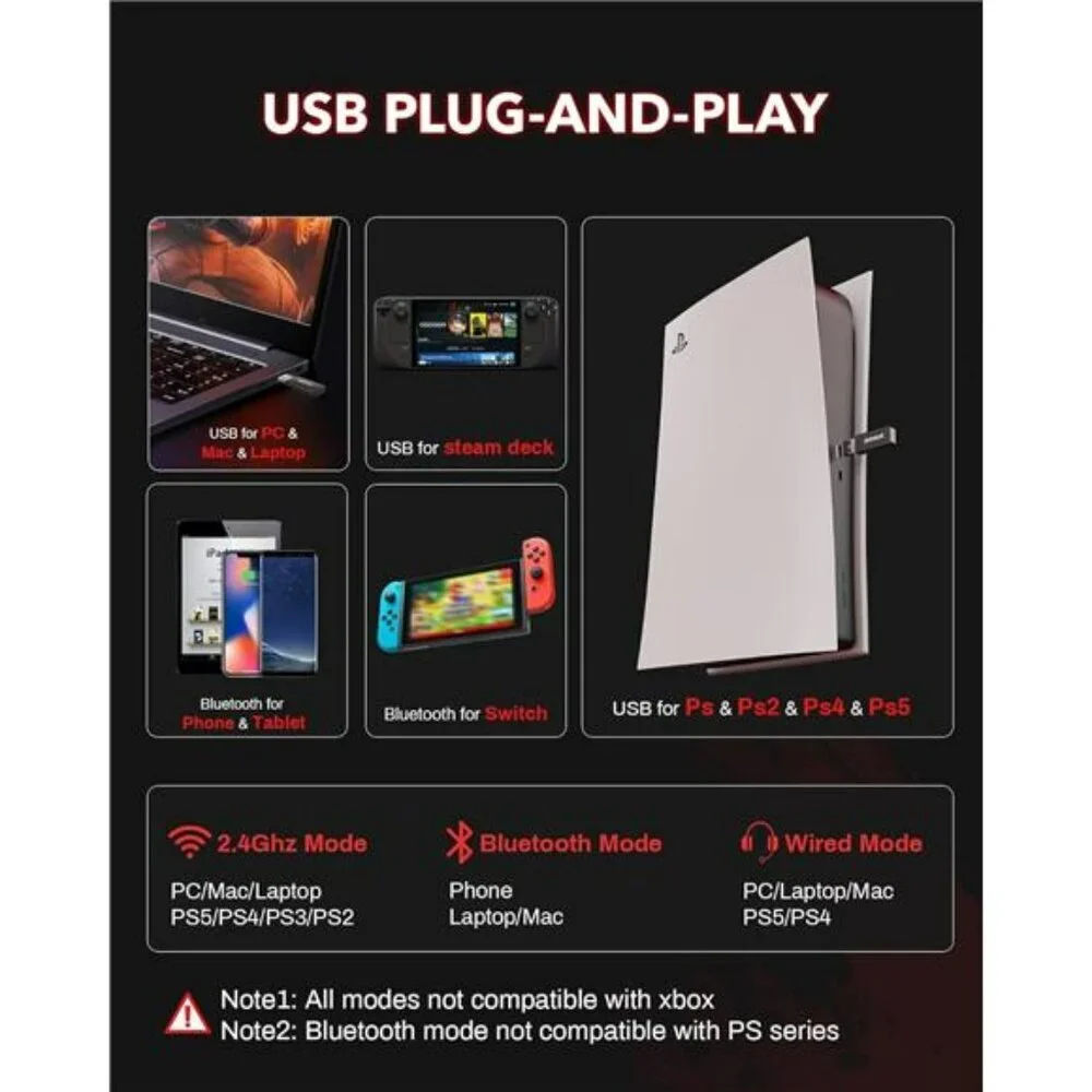 BINNUNE Wireless Gaming Headset PS5 PS4 PC Bluetooth Mic 120H Battery